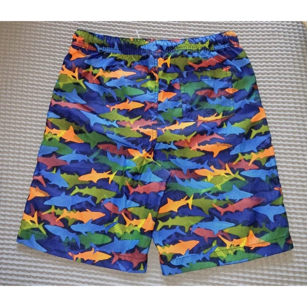 LANDS END Boys XL 14/16 Swim Trunks Mesh Lining Beach Colorful Shark Pattern
